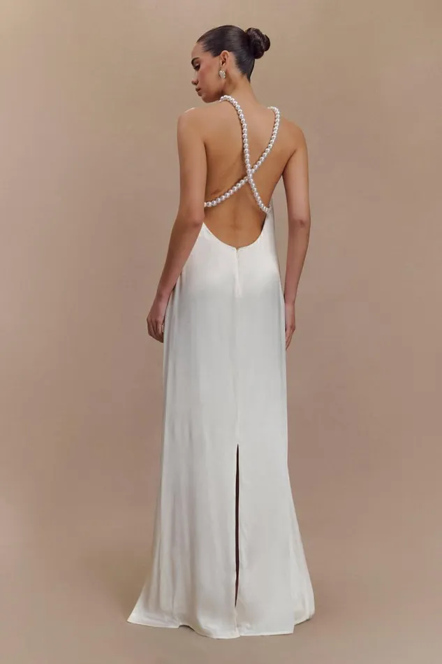Women Meshki Dresses Blanche Satin Pearl Halter Maxi Dress 8211 White