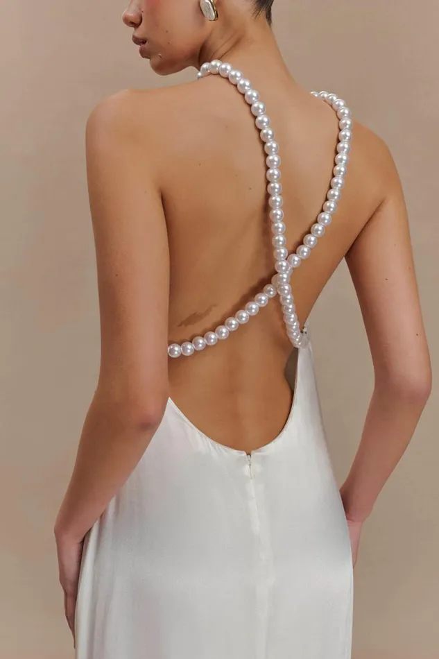 Women Meshki Dresses Blanche Satin Pearl Halter Maxi Dress 8211 White
