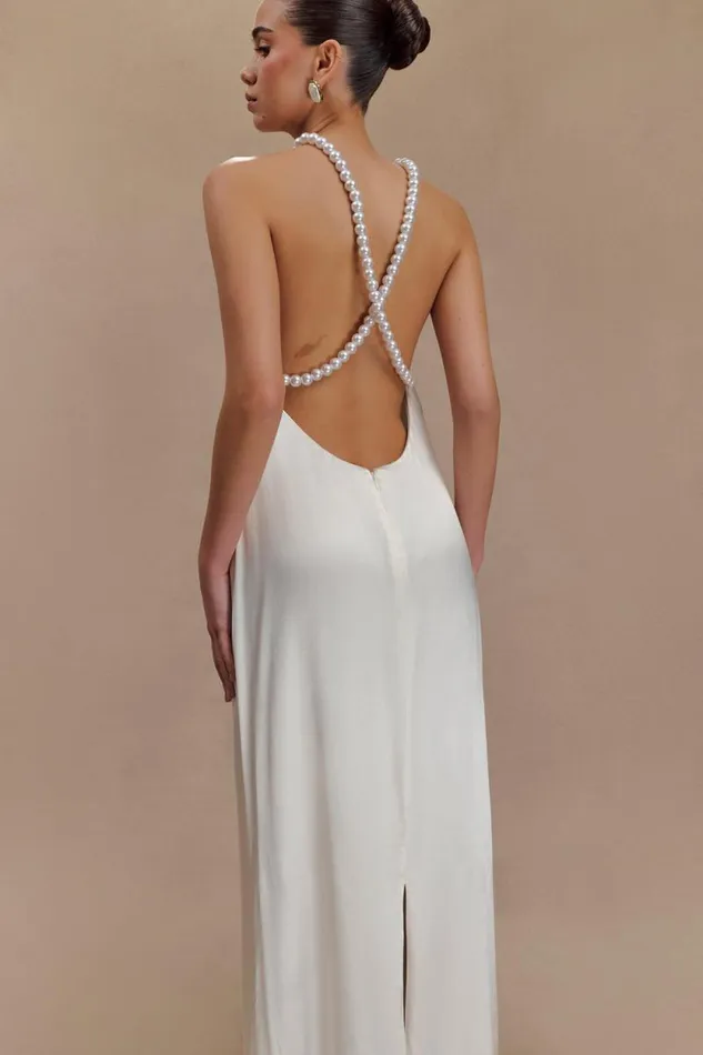 Women Meshki Dresses Blanche Satin Pearl Halter Maxi Dress 8211 White