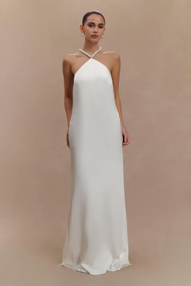Women Meshki Dresses Blanche Satin Pearl Halter Maxi Dress 8211 White