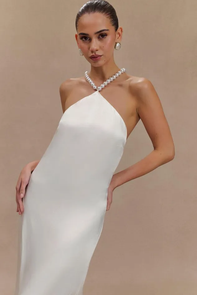 Women Meshki Dresses Blanche Satin Pearl Halter Maxi Dress 8211 White