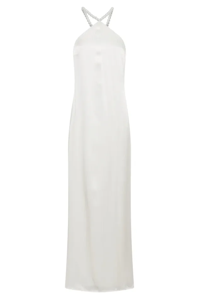 Women Meshki Dresses Blanche Satin Pearl Halter Maxi Dress 8211 White