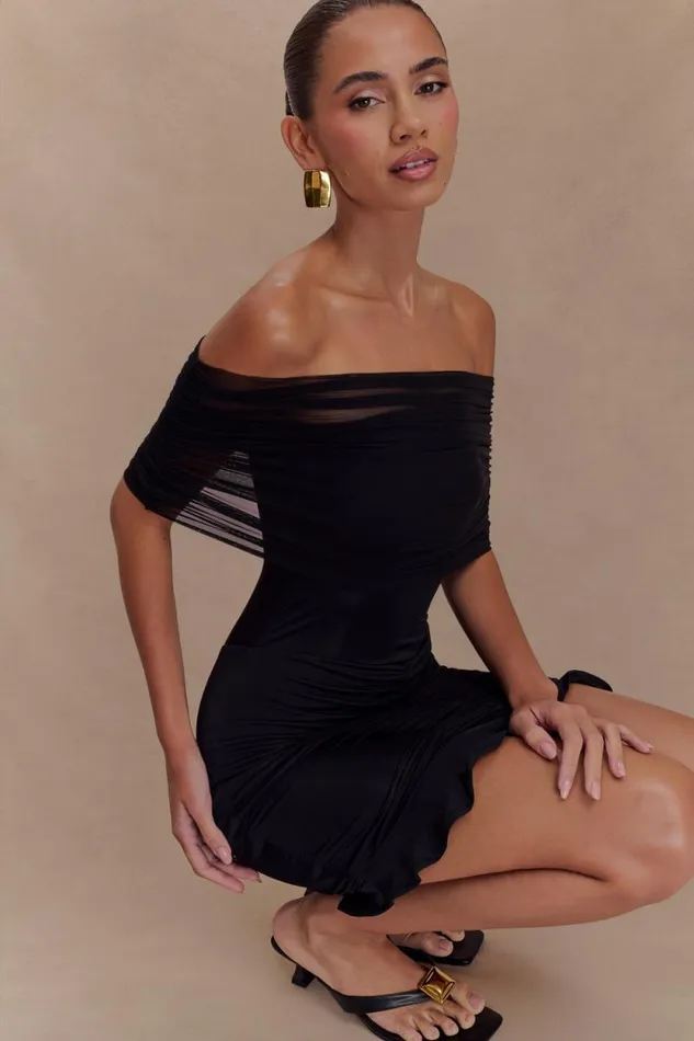 Women Meshki Dresses Caspian Slinky And Mesh Off Shoulder Mini Dress 8211 Black