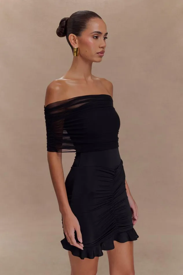 Women Meshki Dresses Caspian Slinky And Mesh Off Shoulder Mini Dress 8211 Black