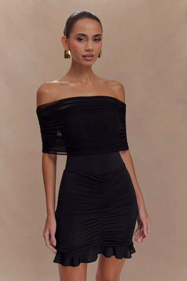 Women Meshki Dresses Caspian Slinky And Mesh Off Shoulder Mini Dress 8211 Black