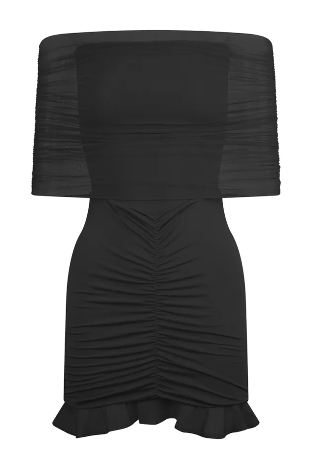 Women Meshki Dresses Caspian Slinky And Mesh Off Shoulder Mini Dress 8211 Black