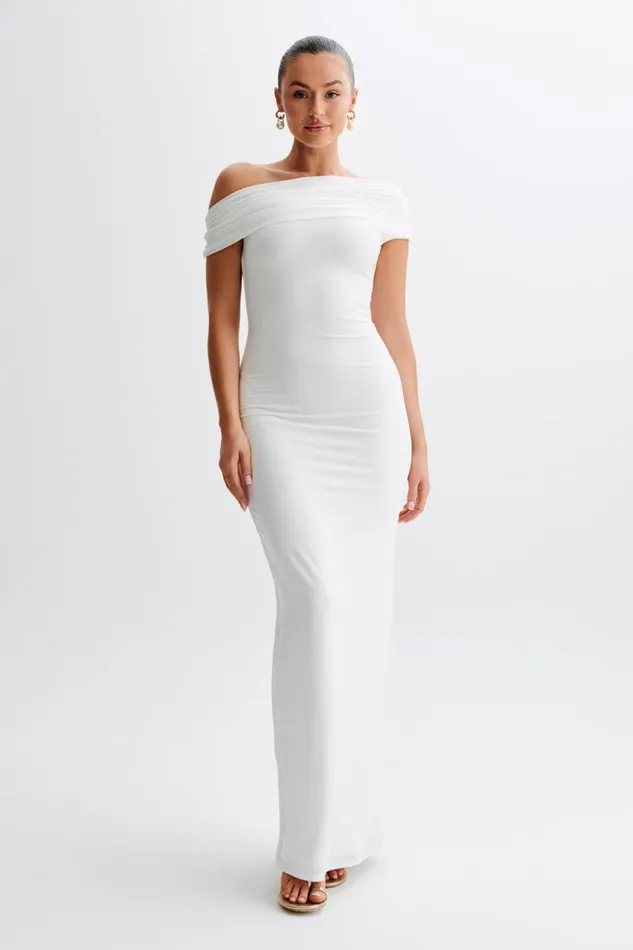 Women Meshki Dresses Cassandra Off Shoulder Slinky Maxi Dress 8211 White