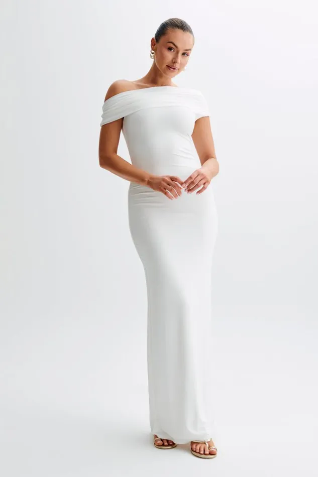 Women Meshki Dresses Cassandra Off Shoulder Slinky Maxi Dress 8211 White