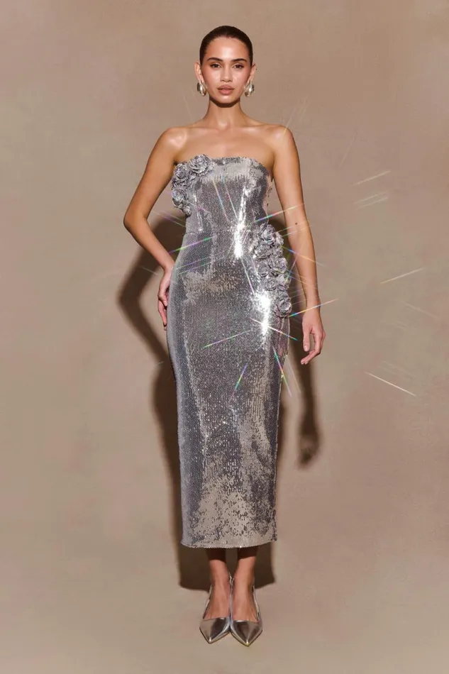 Women Meshki Dresses Cassia Strapless Sequin Rose Midi Dress 8211 Silver