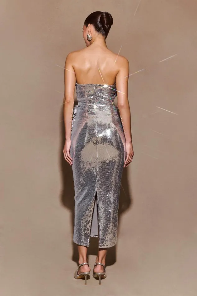 Women Meshki Dresses Cassia Strapless Sequin Rose Midi Dress 8211 Silver