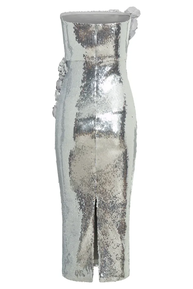 Women Meshki Dresses Cassia Strapless Sequin Rose Midi Dress 8211 Silver