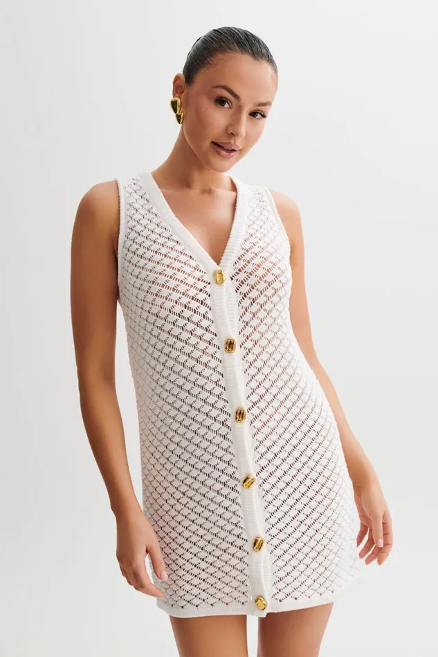 Women Meshki Dresses Delta Sleeveless Knit Button Up Mini Dress 8211 Ivory