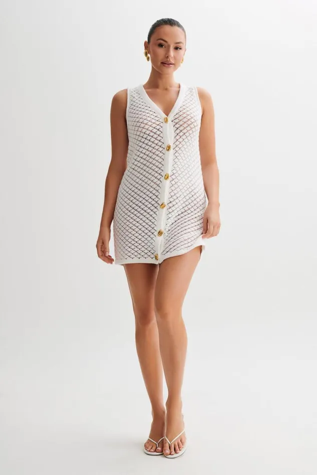 Women Meshki Dresses Delta Sleeveless Knit Button Up Mini Dress 8211 Ivory
