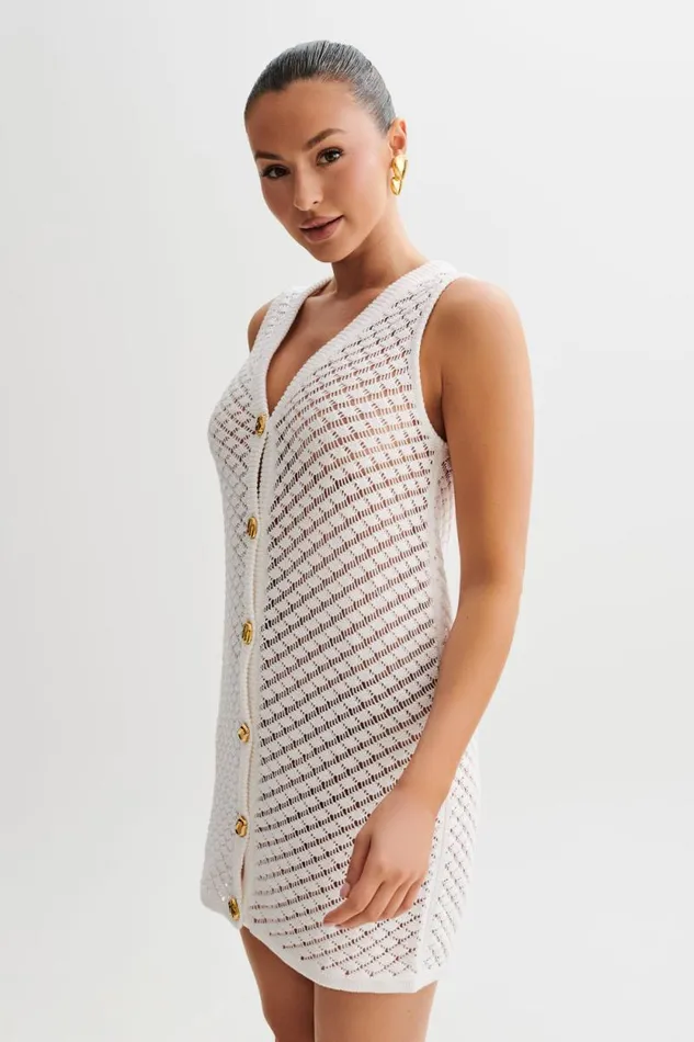Women Meshki Dresses Delta Sleeveless Knit Button Up Mini Dress 8211 Ivory
