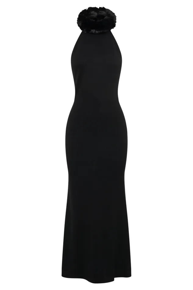 Women Meshki Dresses Elva Halter Knit Maxi Dress With Faux Fur 8211 Black