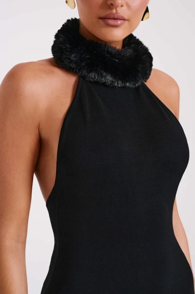 Women Meshki Dresses Elva Halter Knit Maxi Dress With Faux Fur 8211 Black