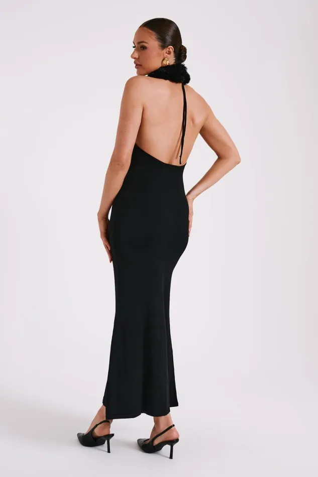 Women Meshki Dresses Elva Halter Knit Maxi Dress With Faux Fur 8211 Black