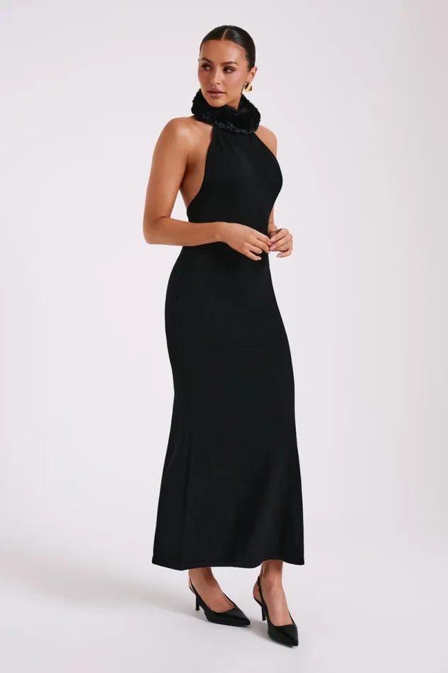 Women Meshki Dresses Elva Halter Knit Maxi Dress With Faux Fur 8211 Black
