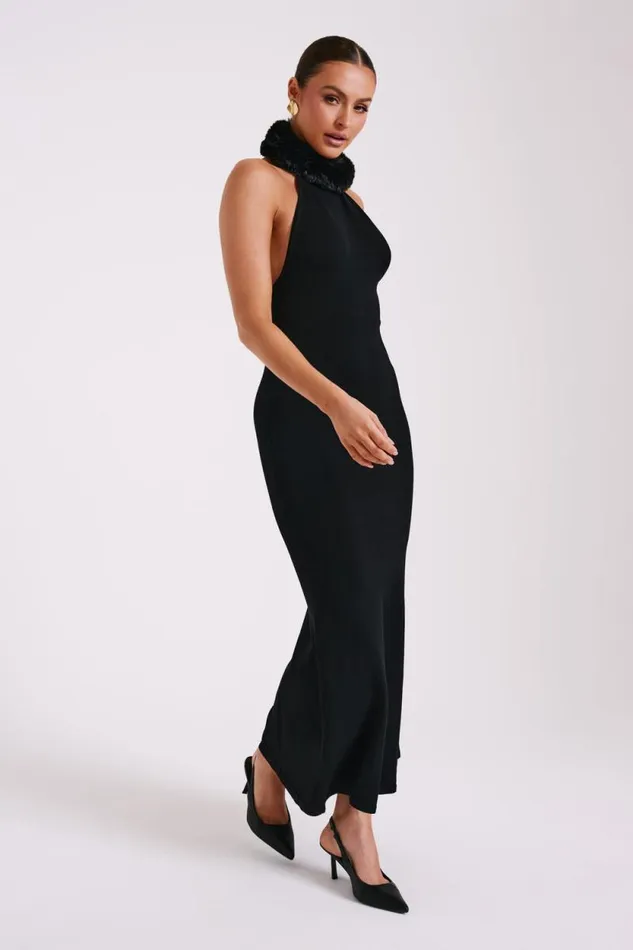 Women Meshki Dresses Elva Halter Knit Maxi Dress With Faux Fur 8211 Black