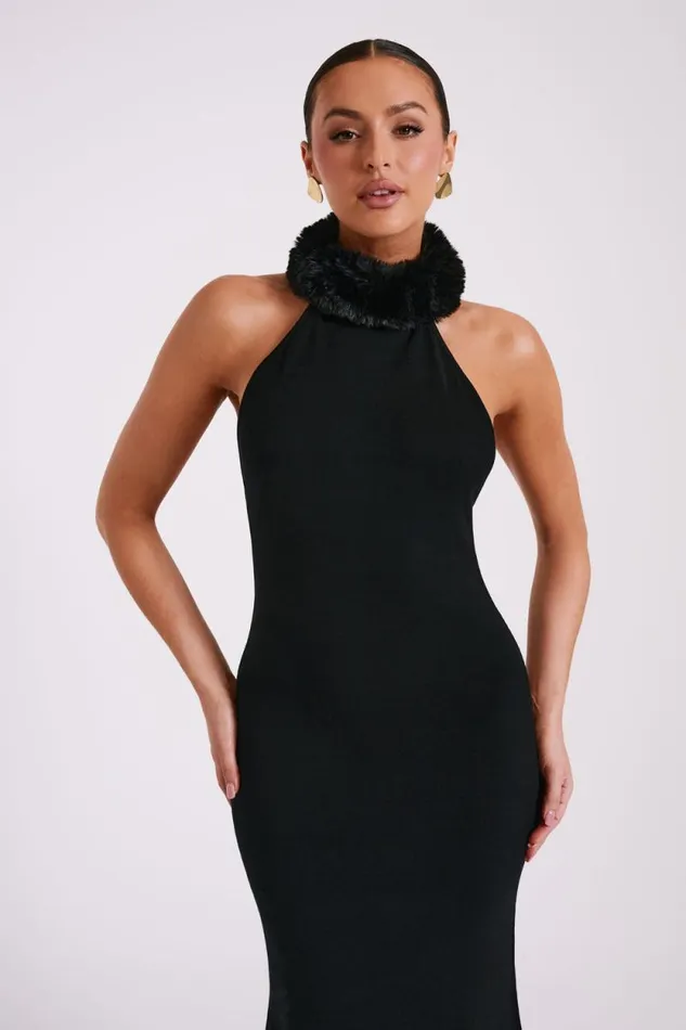 Women Meshki Dresses Elva Halter Knit Maxi Dress With Faux Fur 8211 Black