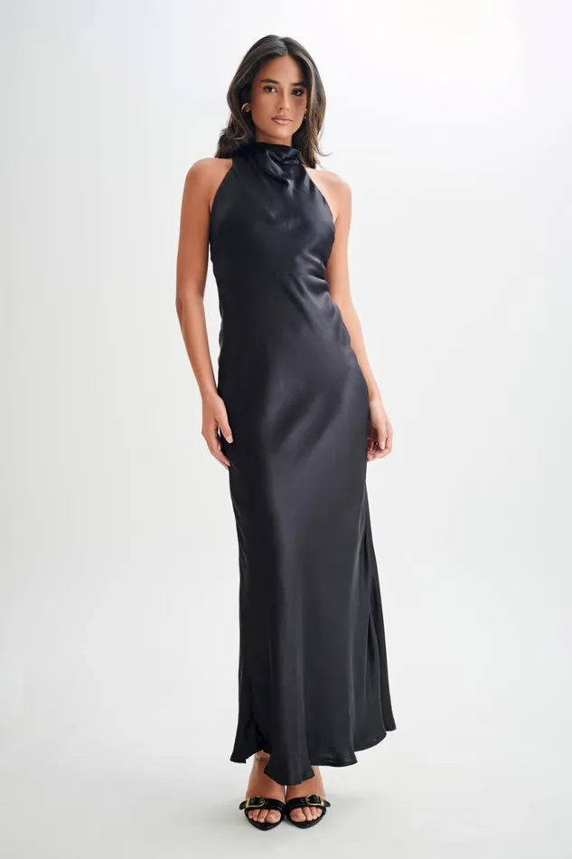 Women Meshki Dresses Esther Iridescent Satin Cowl Maxi Dress 8211 Black