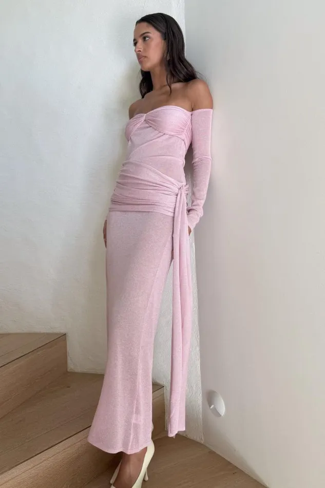 Women Meshki Dresses Ingrid Metallic Knit Maxi Dress 8211 Baby Pink