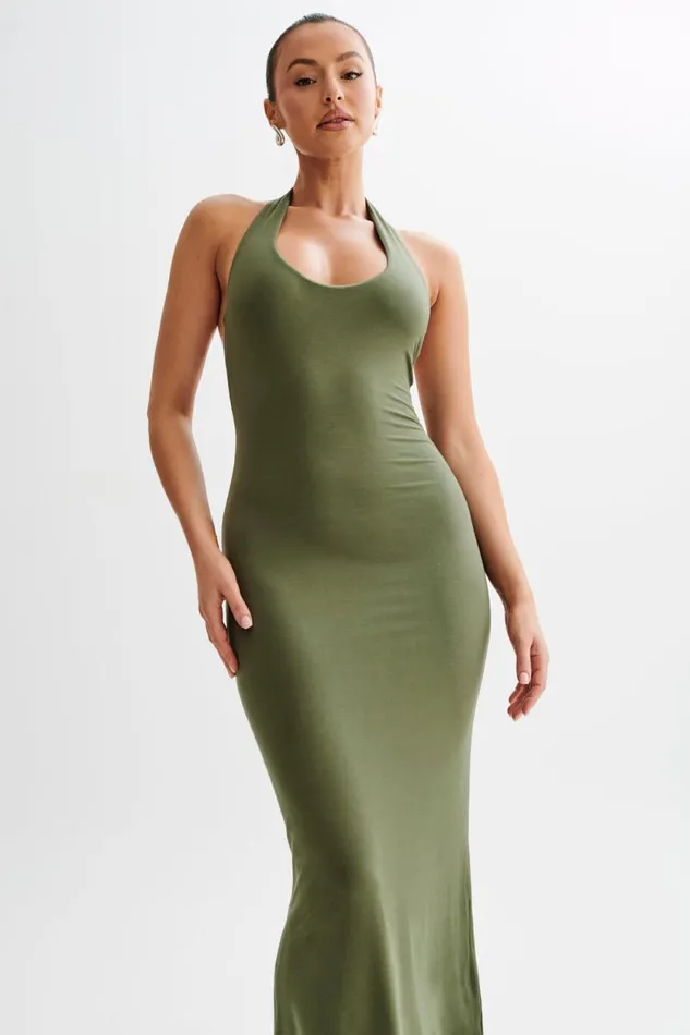 Women Meshki Dresses Jessica Modal Halter Maxi Dress 8211 Military Olive