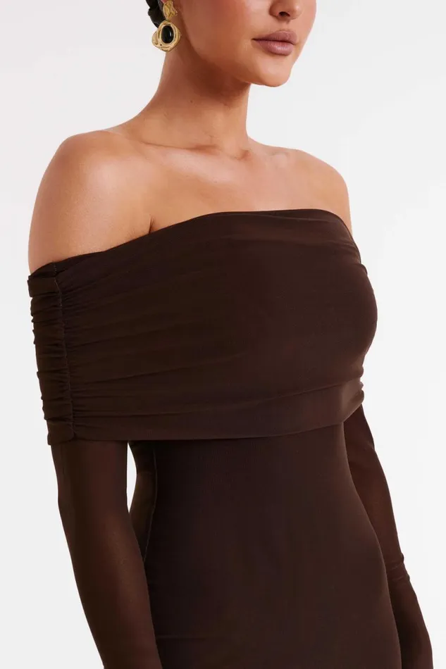 Women Meshki Dresses Josie Off Shoulder Mesh Maxi Dress 8211 Dark Brown
