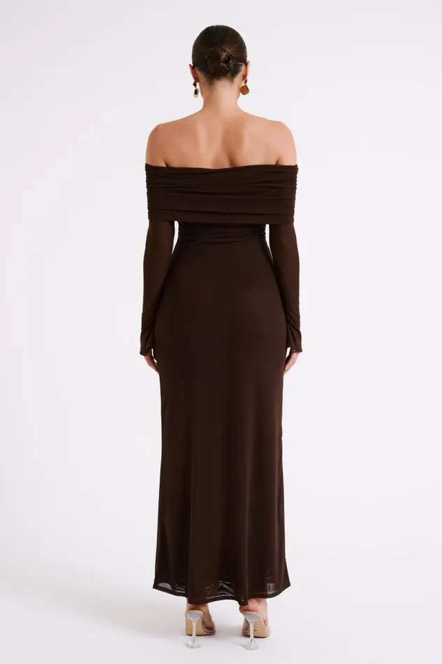 Women Meshki Dresses Josie Off Shoulder Mesh Maxi Dress 8211 Dark Brown
