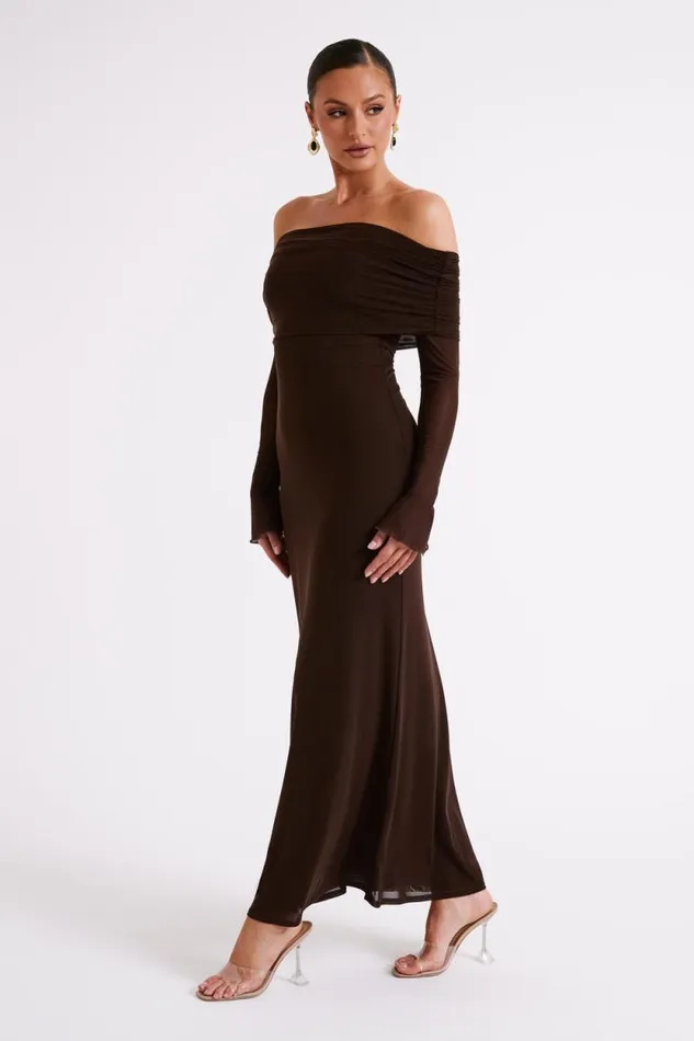 Women Meshki Dresses Josie Off Shoulder Mesh Maxi Dress 8211 Dark Brown