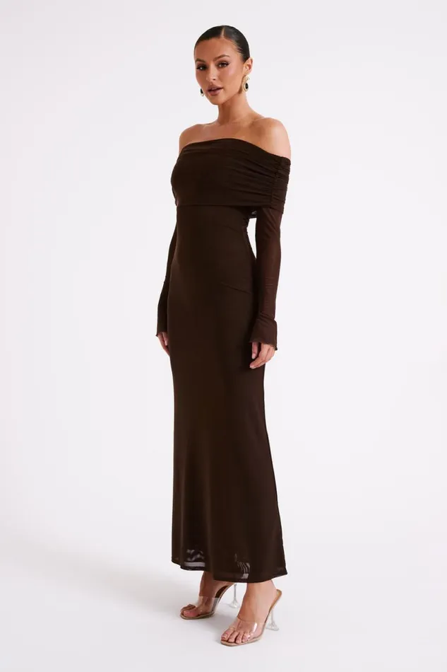 Women Meshki Dresses Josie Off Shoulder Mesh Maxi Dress 8211 Dark Brown