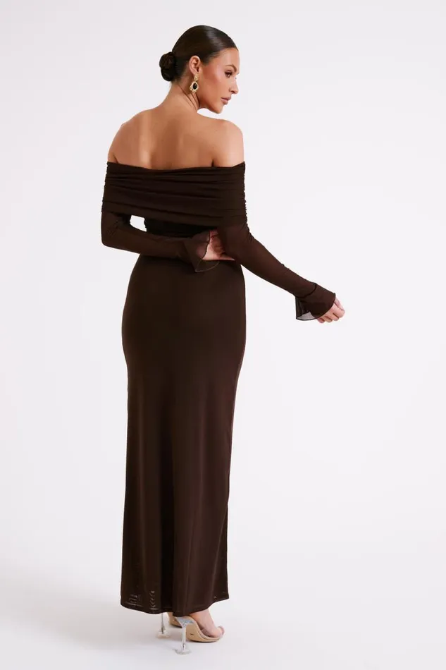 Women Meshki Dresses Josie Off Shoulder Mesh Maxi Dress 8211 Dark Brown