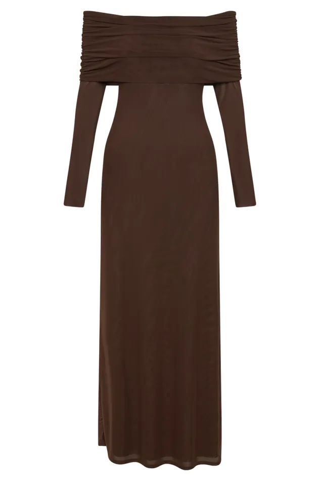 Women Meshki Dresses Josie Off Shoulder Mesh Maxi Dress 8211 Dark Brown