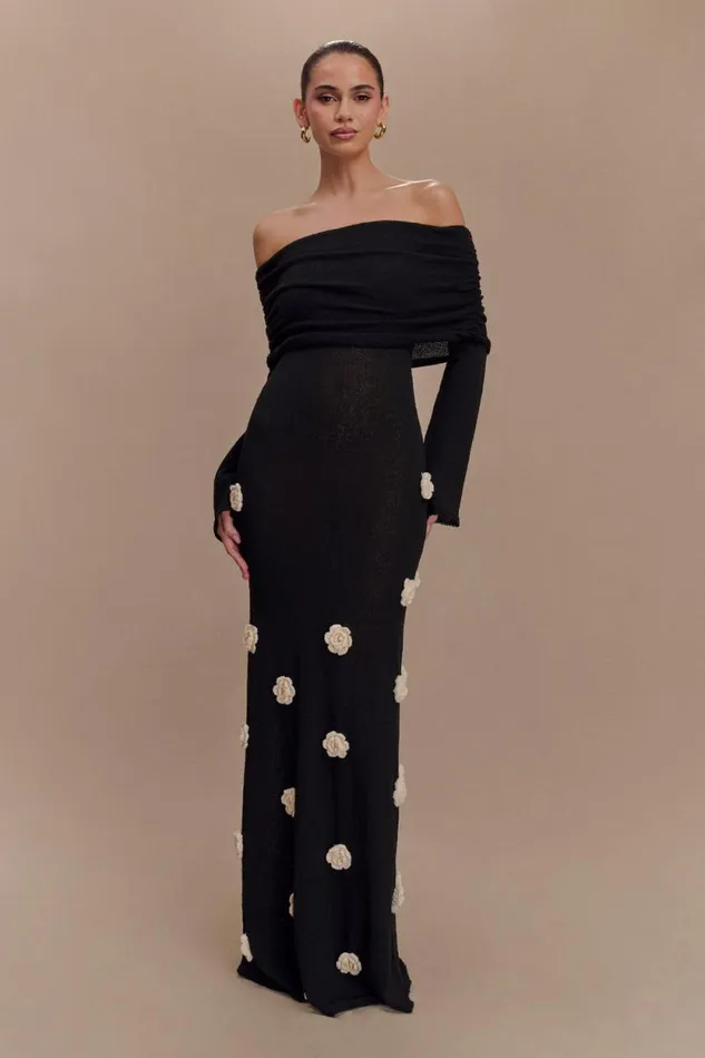 Women Meshki Dresses Kiki Off Shoulder Knit Rose Maxi Dress 8211 BlackWhite