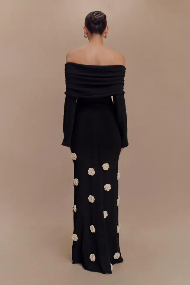 Women Meshki Dresses Kiki Off Shoulder Knit Rose Maxi Dress 8211 BlackWhite
