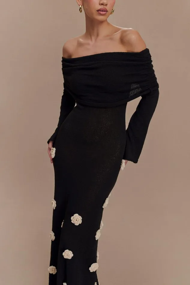 Women Meshki Dresses Kiki Off Shoulder Knit Rose Maxi Dress 8211 BlackWhite