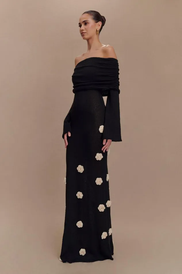 Women Meshki Dresses Kiki Off Shoulder Knit Rose Maxi Dress 8211 BlackWhite