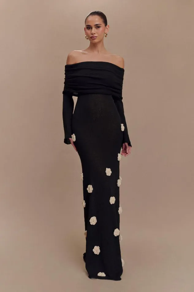 Women Meshki Dresses Kiki Off Shoulder Knit Rose Maxi Dress 8211 BlackWhite