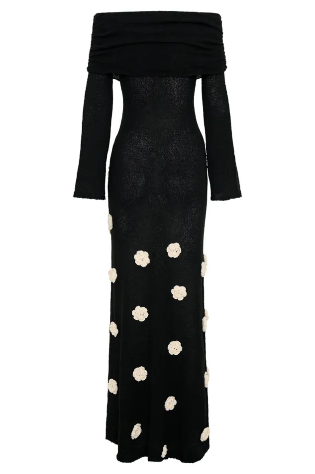 Women Meshki Dresses Kiki Off Shoulder Knit Rose Maxi Dress 8211 BlackWhite