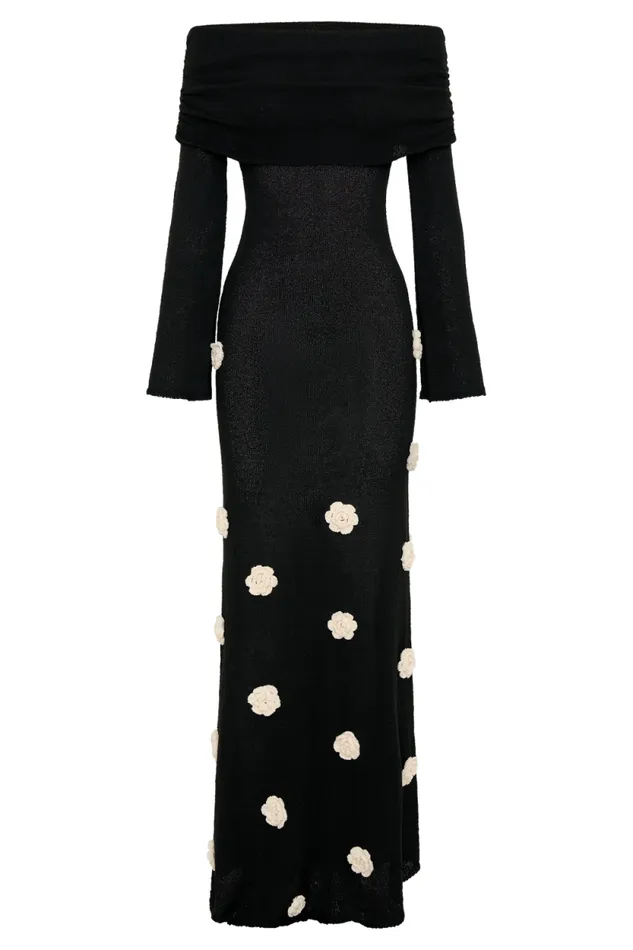 Women Meshki Dresses Kiki Off Shoulder Knit Rose Maxi Dress 8211 BlackWhite