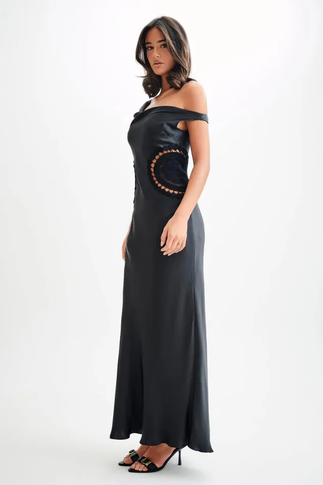 Women Meshki Dresses Kristina Satin Maxi Dress With Crochet 8211 Black