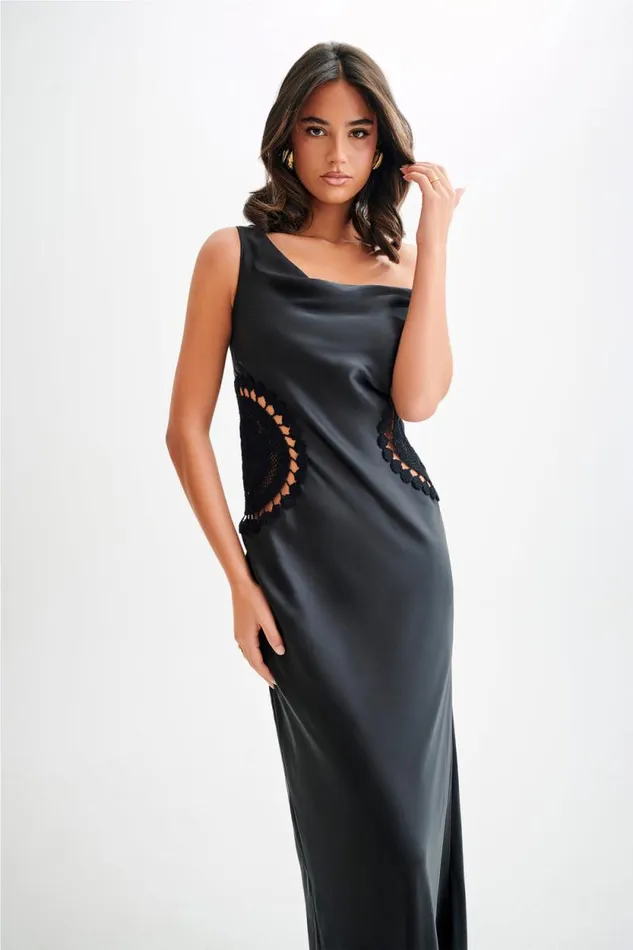 Women Meshki Dresses Kristina Satin Maxi Dress With Crochet 8211 Black