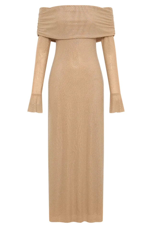 Women Meshki Dresses Marcel Off Shoulder Diamante Maxi Dress 8211 Nude