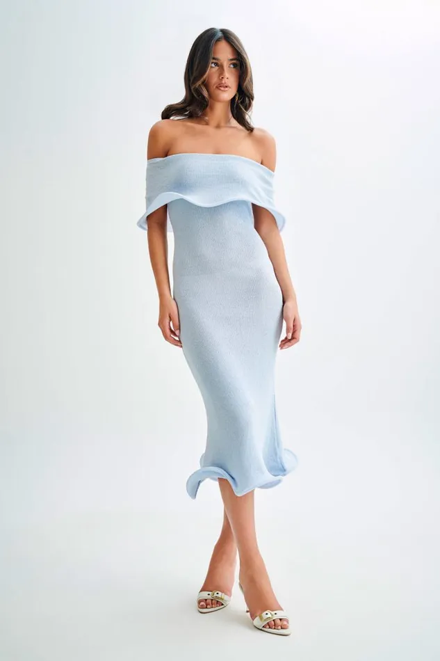 Women Meshki Dresses Molly Off Shoulder Knit Midi Dress 8211 Sky Blue
