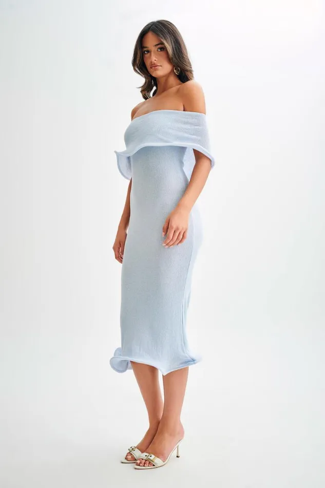 Women Meshki Dresses Molly Off Shoulder Knit Midi Dress 8211 Sky Blue