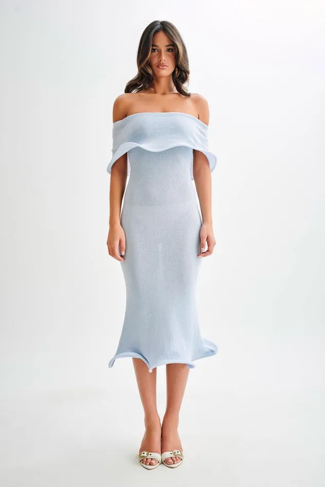Women Meshki Dresses Molly Off Shoulder Knit Midi Dress 8211 Sky Blue