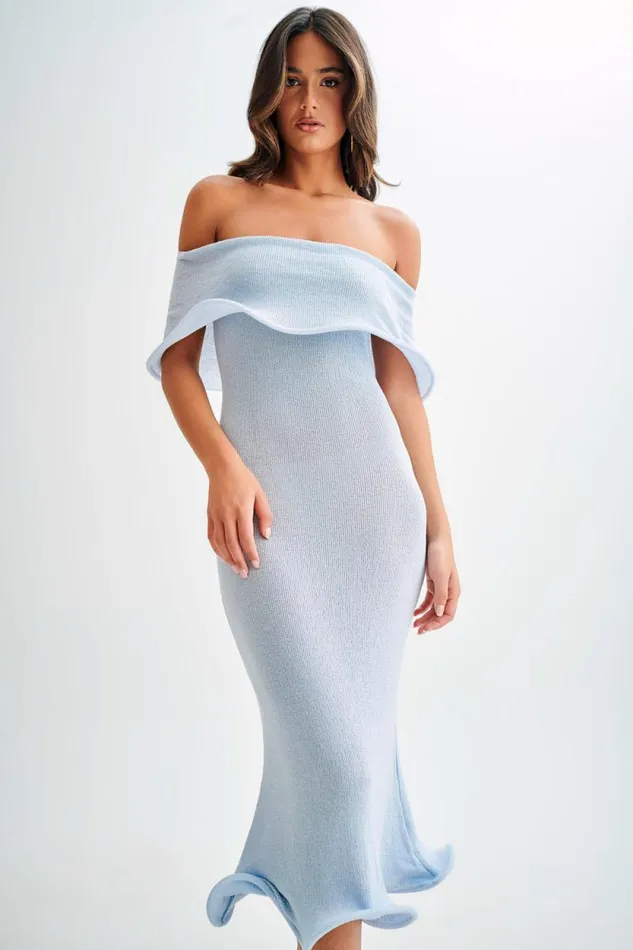 Women Meshki Dresses Molly Off Shoulder Knit Midi Dress 8211 Sky Blue