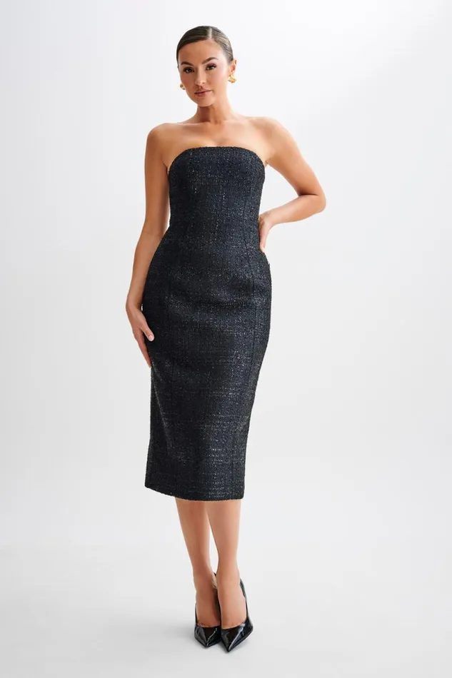 Women Meshki Dresses Monet Tweed Strapless Midi Dress 8211 Black