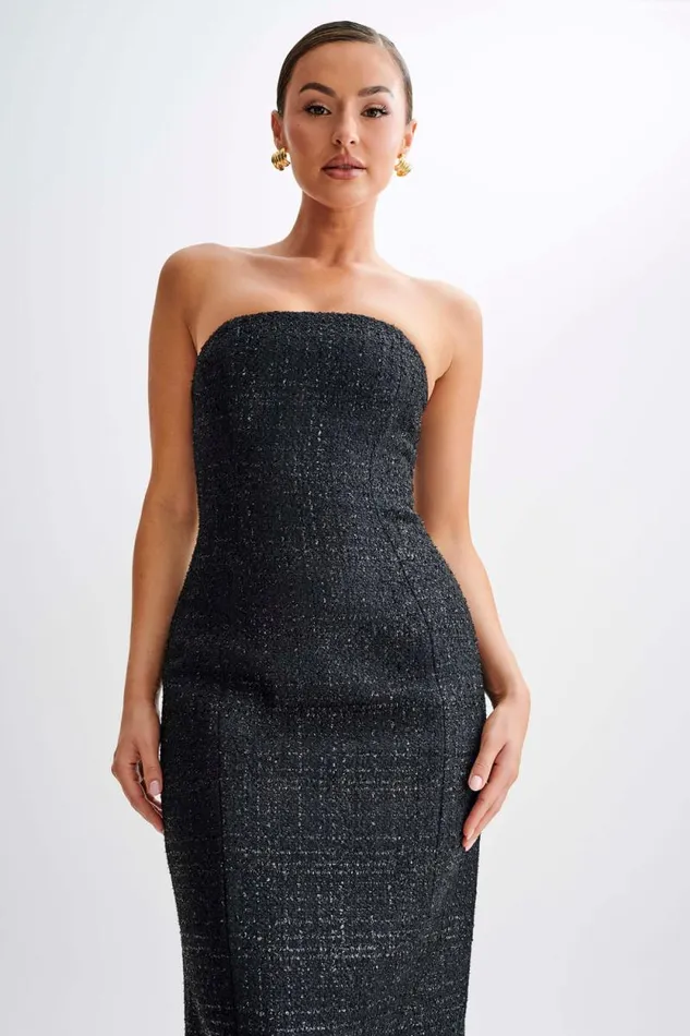 Women Meshki Dresses Monet Tweed Strapless Midi Dress 8211 Black