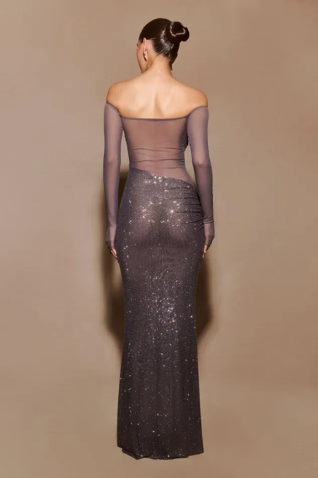 Women Meshki Dresses Nash Diamante Off Shoulder Maxi Dress 8211 Gunmetal